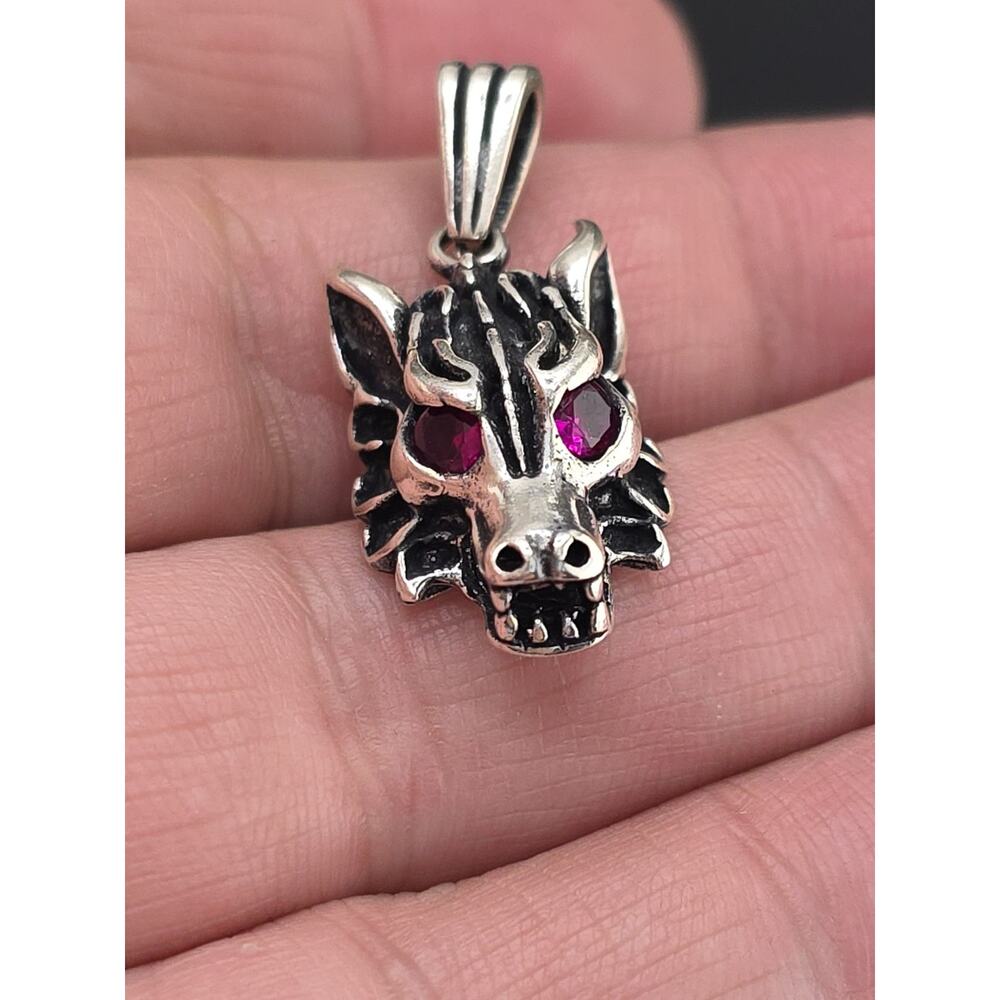 New Wolf Head Ruby Eyes Sterling Silver 925 Pendant